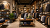 A clothing store interior featuring racks of clothes and garments displayed on the wall.