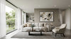 Modern living room with a large beige sofa, abstract artwork, and floor-to-ceiling windows revealing a lush garden. Neutral tones and soft lighting create a serene atmosphere.
