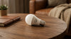 A smart bulb rests on a wooden table beside a closed leather-bound notebook and a small succulent. The warm, cozy setting includes a sofa with a knit blanket.