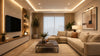 A cozy, modern living room with a beige sectional sofa, abstract art, and warm lighting. A large TV is mounted on a wood-accented wall. Neutral tones and plants add to the tranquil ambiance.