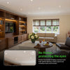 Flicker-free GU10 LED recessed lighting in a living room with eye protection message